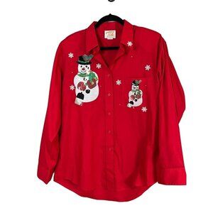 Tia Shirt Women L Red Collar Neck Button Down Santa Festive Holiday Sequin Snowm